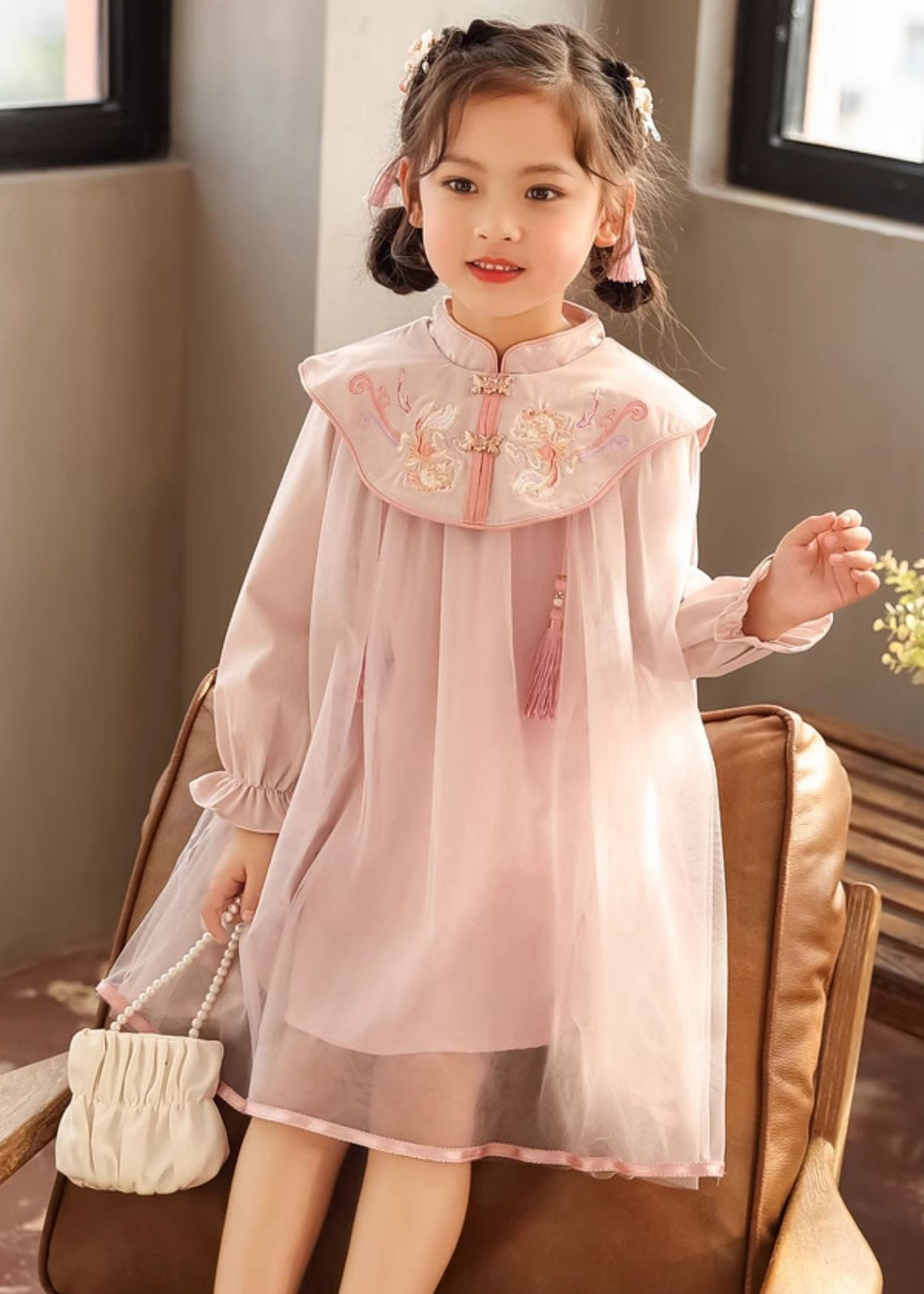 Chinese Style Pink Stand Collar Embroideried Long Dresses Lantern Sleeve Tv028