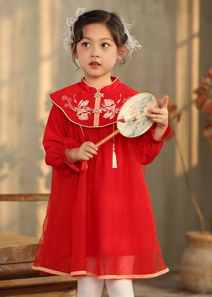 Chinese Style Pink Stand Collar Embroideried Long Dresses Lantern Sleeve Tv028
