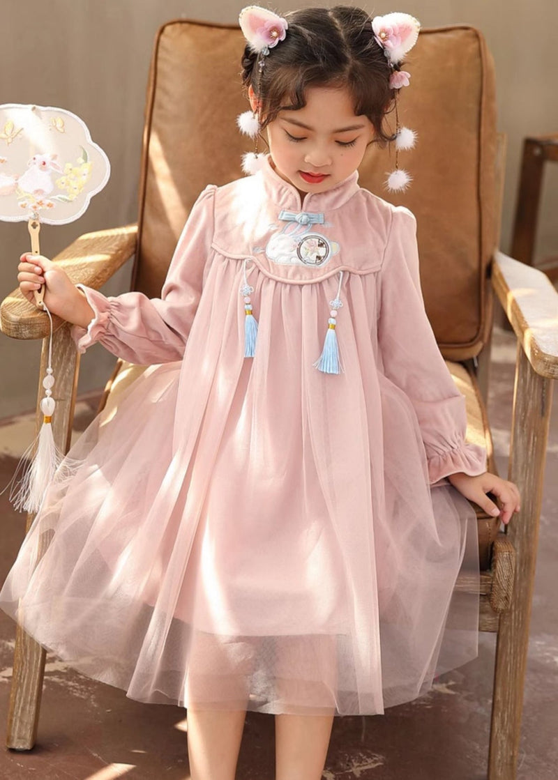 Chinese Style Pink Stand Collar Embroideried Long Dresses Lantern Sleeve Tv028
