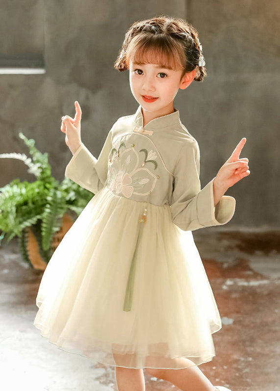 Chinese Style Pink Stand Collar Embroideried Tulle Kids Long Dress Spring Ye031