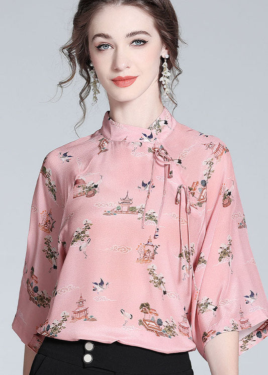 Chinese Style Pink Stand Collar Patchwork Print Silk Blouses Spring Ly0122