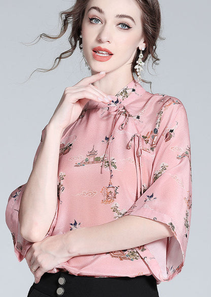 Chinese Style Pink Stand Collar Patchwork Print Silk Blouses Spring Ly0122