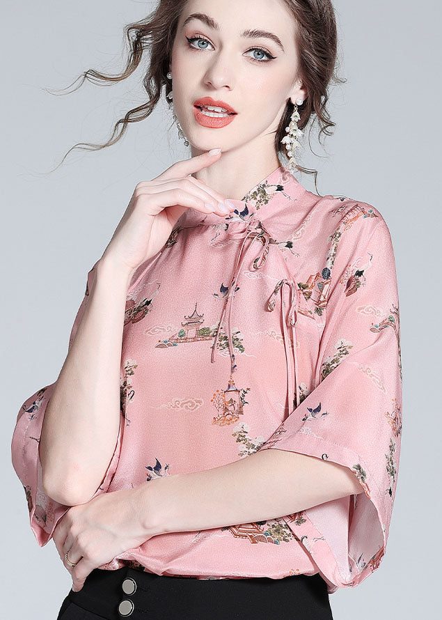 Chinese Style Pink Stand Collar Patchwork Print Silk Blouses Spring Ly0122