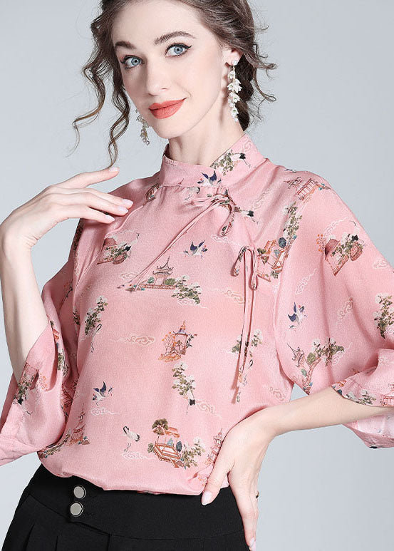 Chinese Style Pink Stand Collar Patchwork Print Silk Blouses Spring Ly0122