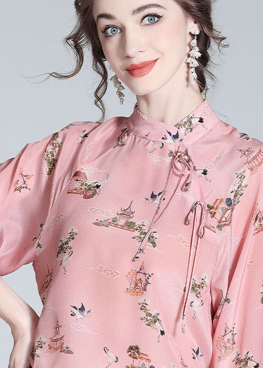 Chinese Style Pink Stand Collar Patchwork Print Silk Blouses Spring Ly0122