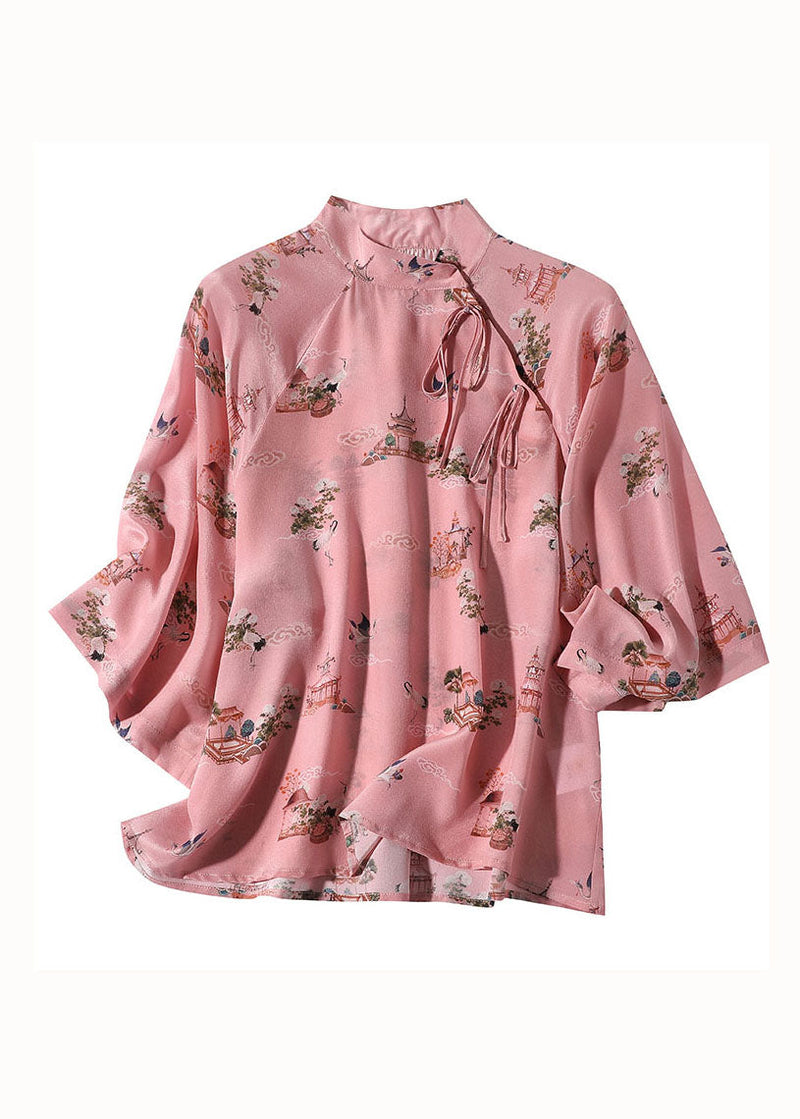 Chinese Style Pink Stand Collar Patchwork Print Silk Blouses Spring Ly0122