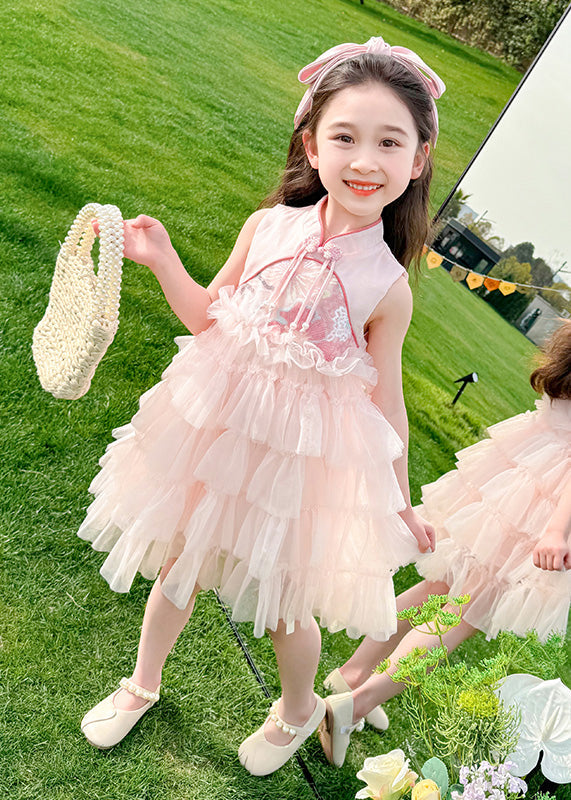 Chinese Style Pink Stand Collar Ruffled Patchwork Tassel Tulle Kids Maxi Dress Summer Xz031