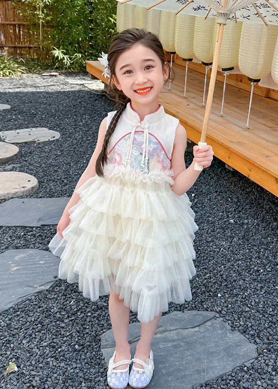 Chinese Style Pink Stand Collar Ruffled Patchwork Tassel Tulle Kids Maxi Dress Summer Xz031