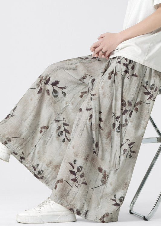 Chinese Style Pockets Print Ice Silk Wide Leg Pants Summer Yt045