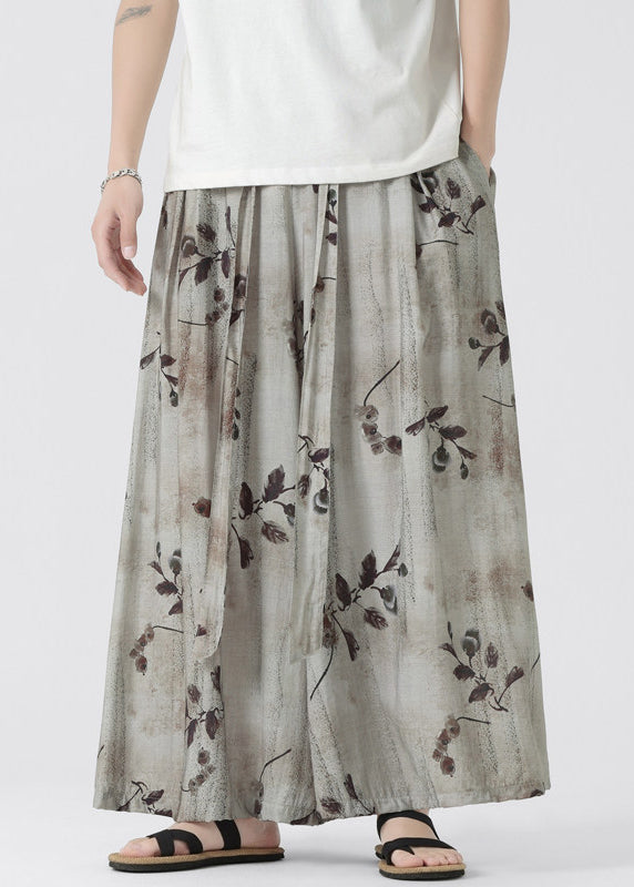 Chinese Style Pockets Print Ice Silk Wide Leg Pants Summer Yt045