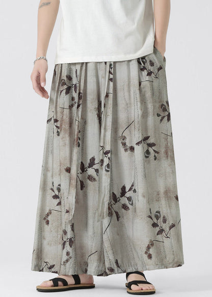 Chinese Style Pockets Print Ice Silk Wide Leg Pants Summer Yt045