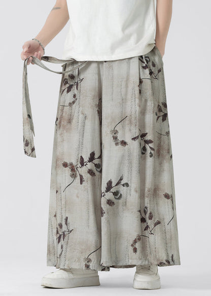 Chinese Style Pockets Print Ice Silk Wide Leg Pants Summer Yt045