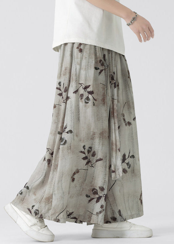 Chinese Style Pockets Print Ice Silk Wide Leg Pants Summer Yt045