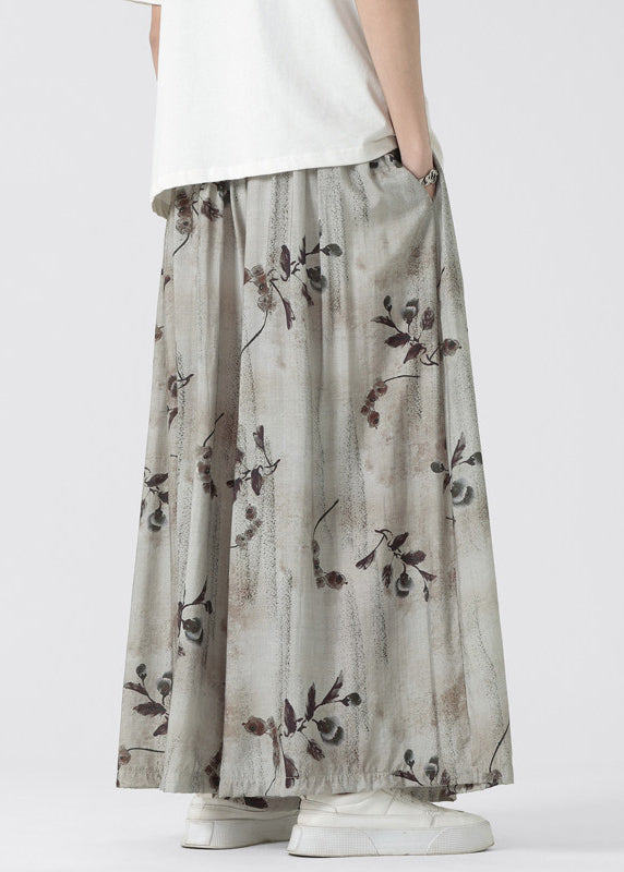 Chinese Style Pockets Print Ice Silk Wide Leg Pants Summer Yt045