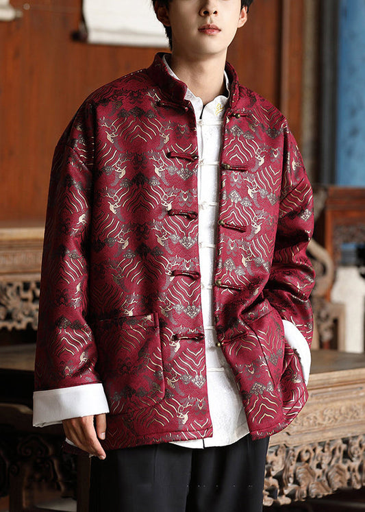 Chinese Style Red Button Pockets Silk Coat Fall Wj030