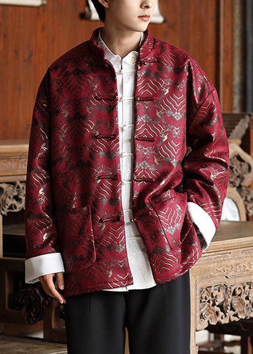 Chinese Style Red Button Pockets Silk Coat Fall Wj030