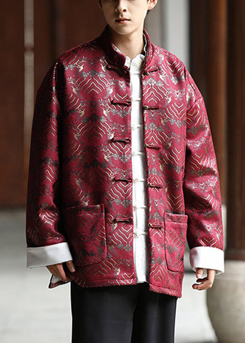 Chinese Style Red Button Pockets Silk Coat Fall Wj030