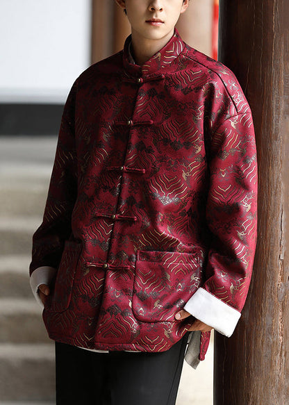 Chinese Style Red Button Pockets Silk Coat Fall Wj030