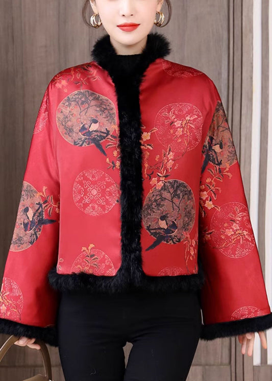 Chinese Style Red Fur Collar Print Patchwork Cotton Filled Coats Winter Qg044