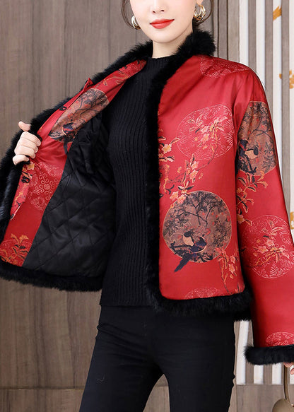 Chinese Style Red Fur Collar Print Patchwork Cotton Filled Coats Winter Qg044