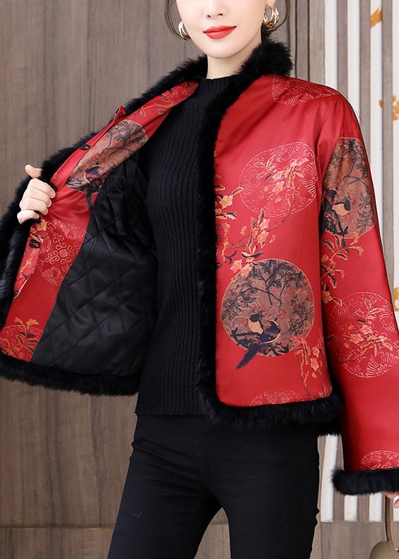 Chinese Style Red Fur Collar Print Patchwork Cotton Filled Coats Winter Qg044