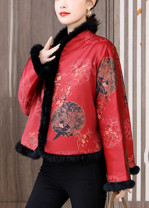 Chinese Style Red Fur Collar Print Patchwork Cotton Filled Coats Winter Qg044