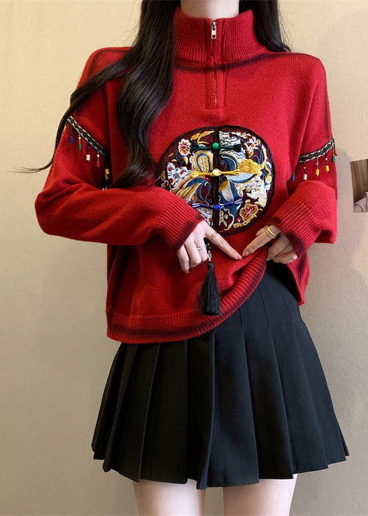 Chinese Style Red Hign Neck Embroidered Knit Sweaters Spring Tq032