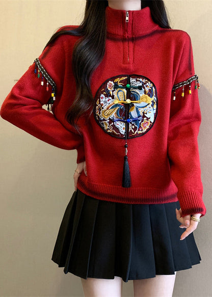 Chinese Style Red Hign Neck Embroidered Knit Sweaters Spring Tq032