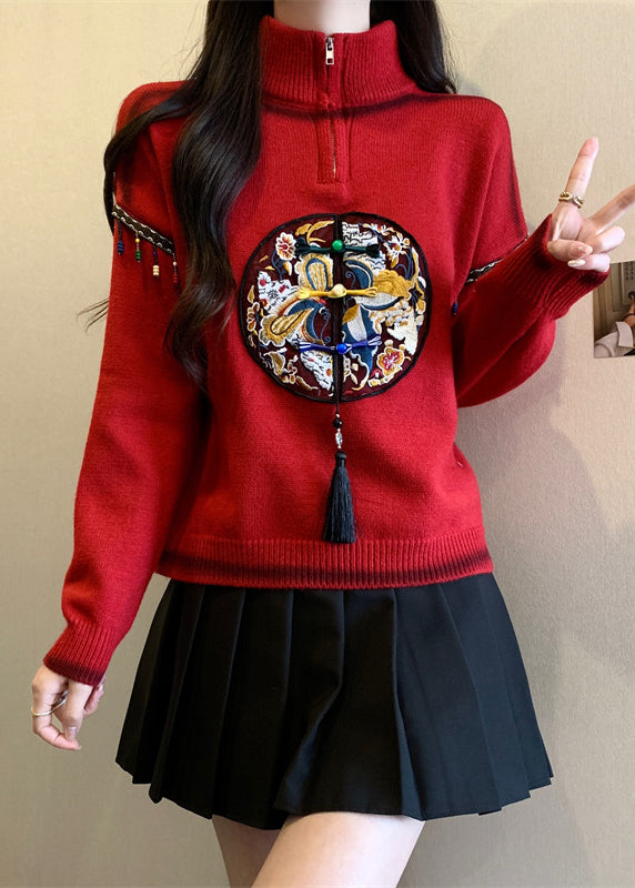 Chinese Style Red Hign Neck Embroidered Knit Sweaters Spring Tq032