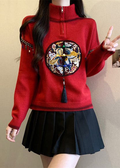 Chinese Style Red Hign Neck Embroidered Knit Sweaters Spring Tq032