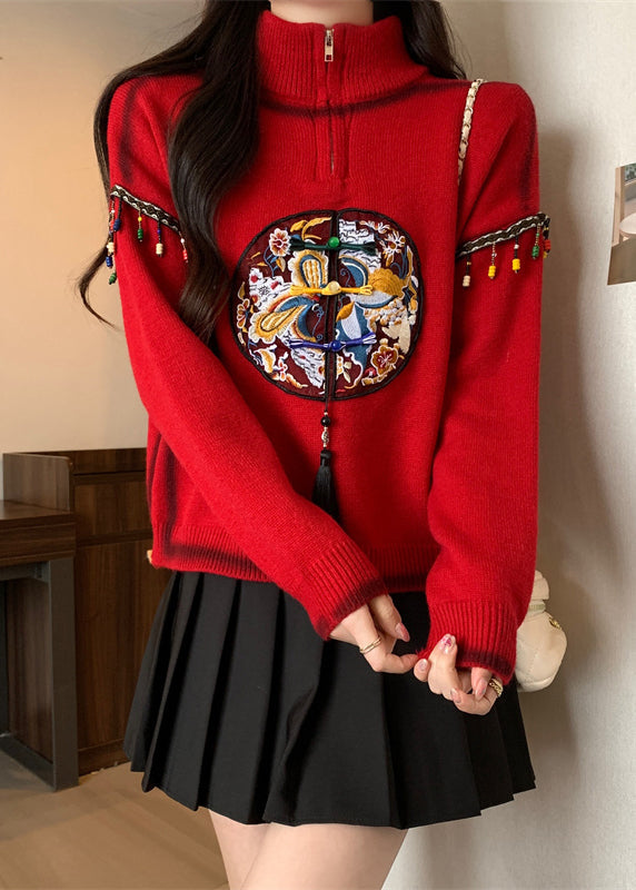 Chinese Style Red Hign Neck Embroidered Knit Sweaters Spring Tq032