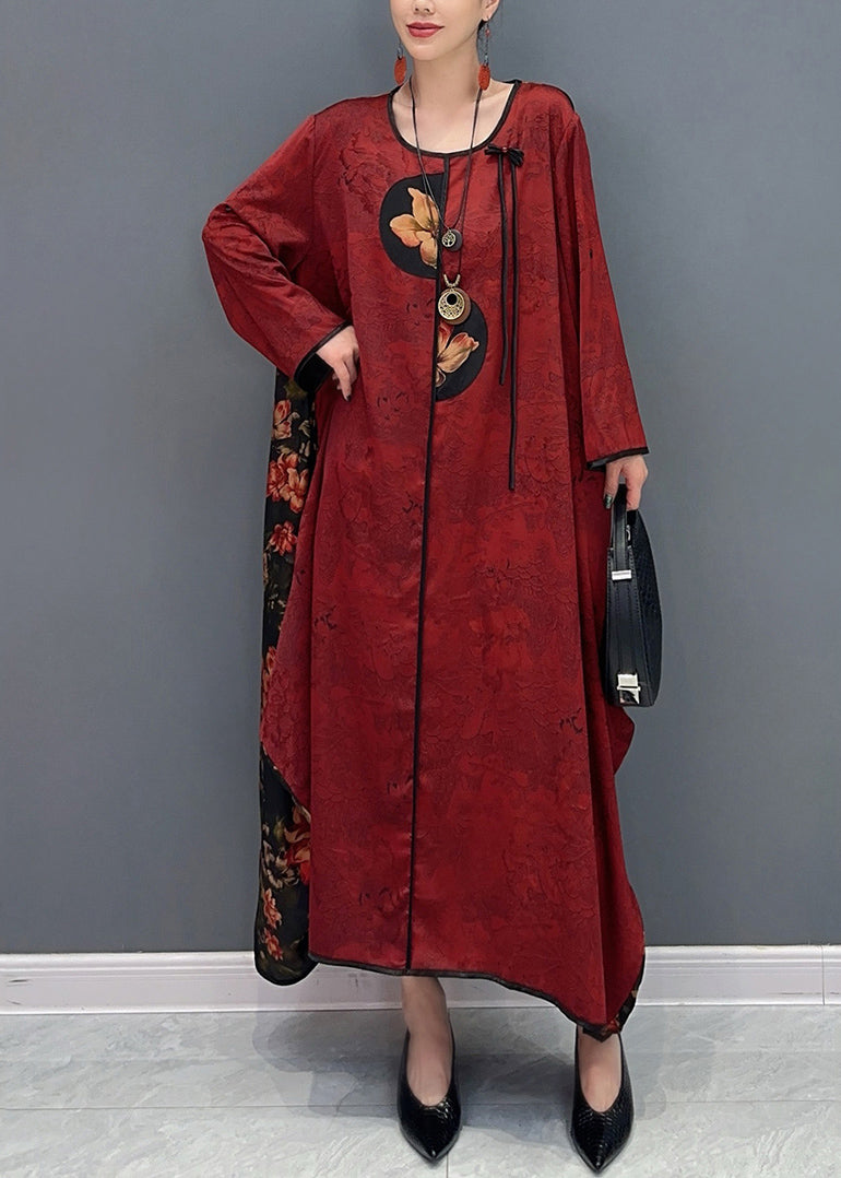 Chinese Style Red O-neck Patchwork Holiday Silk Long Dress Long Sleeve Ao1057