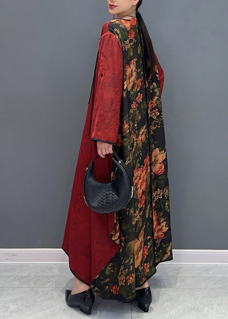 Chinese Style Red O-neck Patchwork Holiday Silk Long Dress Long Sleeve Ao1057