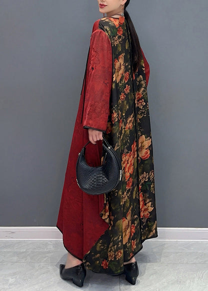 Chinese Style Red O-neck Patchwork Holiday Silk Long Dress Long Sleeve Ao1057