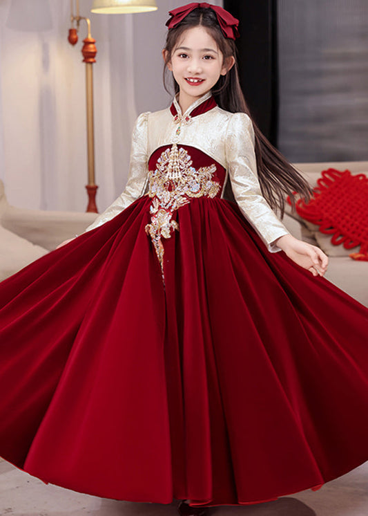 Chinese Style Red Stand Collar Embroideried Silk Velour Kids Long Dress Winter Rp043