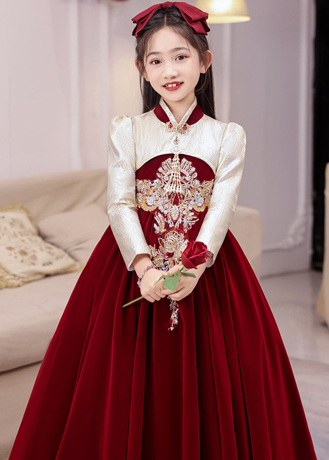 Chinese Style Red Stand Collar Embroideried Silk Velour Kids Long Dress Winter Rp043
