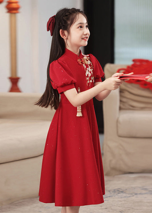 Short Collar Chinese Style Stand Patchwork Maxi Dresses Red