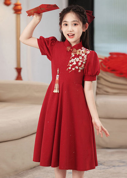 Short Collar Chinese Style Stand Patchwork Maxi Dresses Red