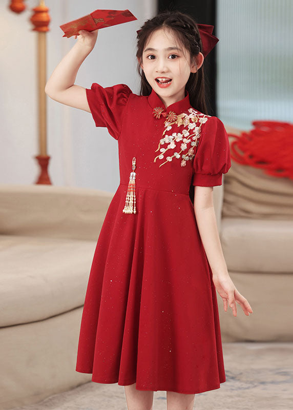 Short Collar Chinese Style Stand Patchwork Maxi Dresses Red