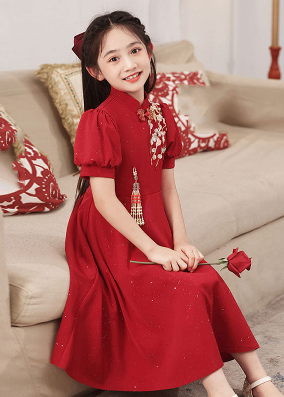 Short Collar Chinese Style Stand Patchwork Maxi Dresses Red