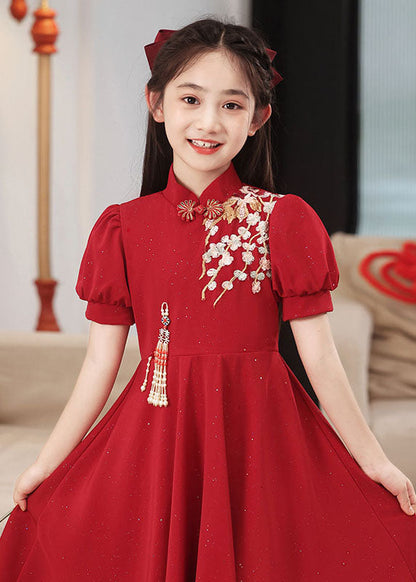 Short Collar Chinese Style Stand Patchwork Maxi Dresses Red