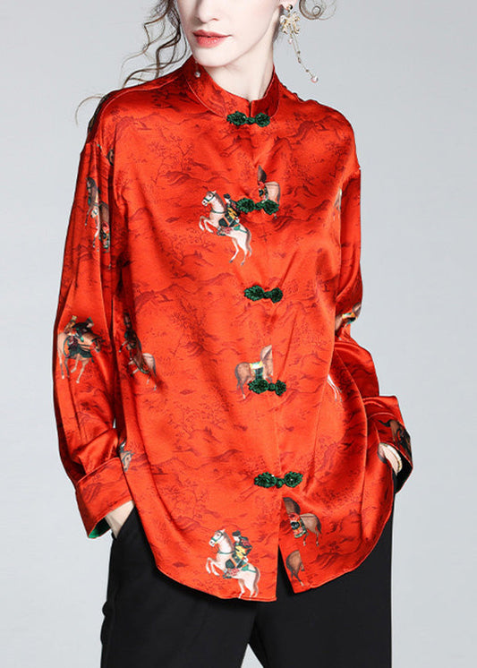 Chinese Style Red Stand Collar Print Button Silk Coats Spring Ly1041