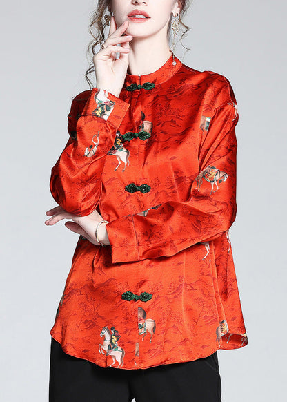 Chinese Style Red Stand Collar Print Button Silk Coats Spring Ly1041