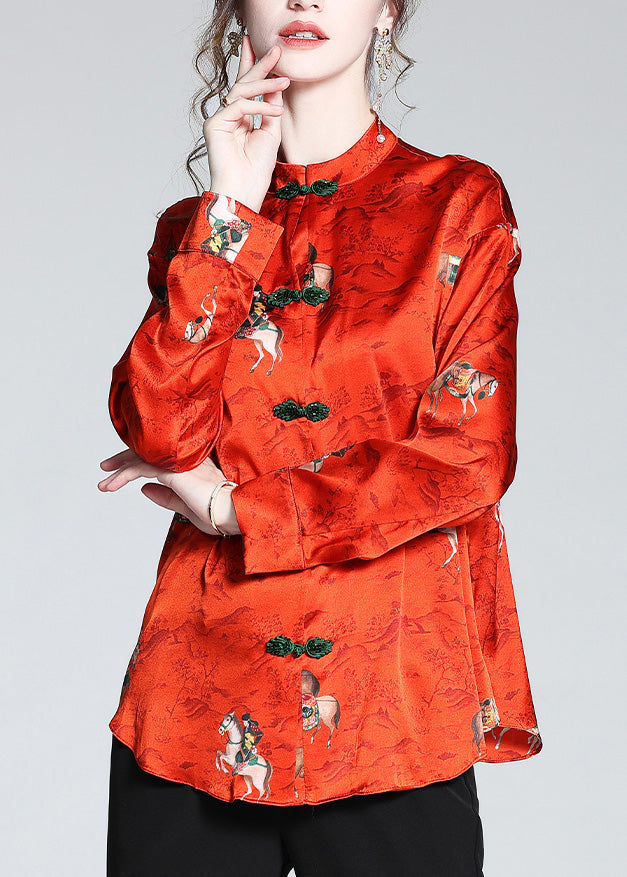 Chinese Style Red Stand Collar Print Button Silk Coats Spring Ly1041