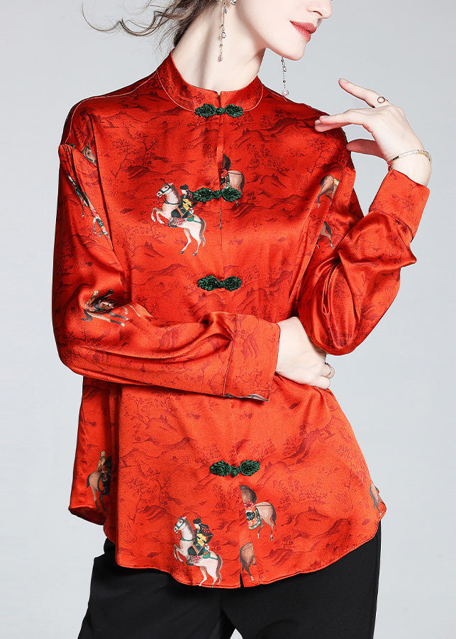 Chinese Style Red Stand Collar Print Button Silk Coats Spring Ly1041