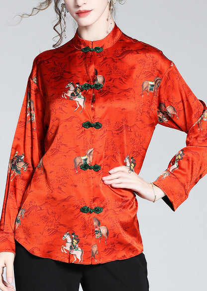 Chinese Style Red Stand Collar Print Button Silk Coats Spring Ly1041