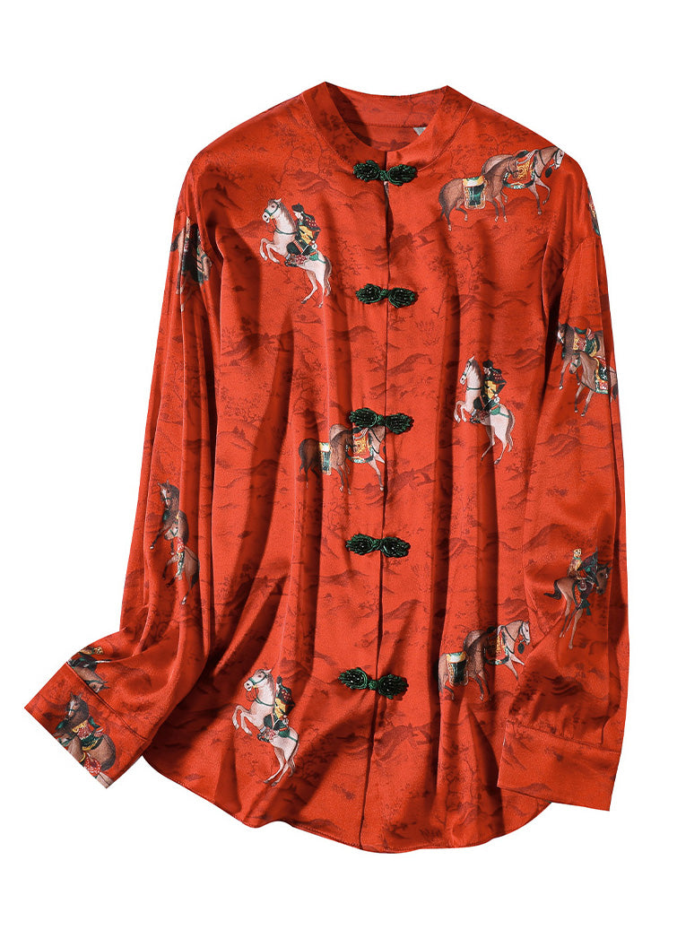 Chinese Style Red Stand Collar Print Button Silk Coats Spring Ly1041