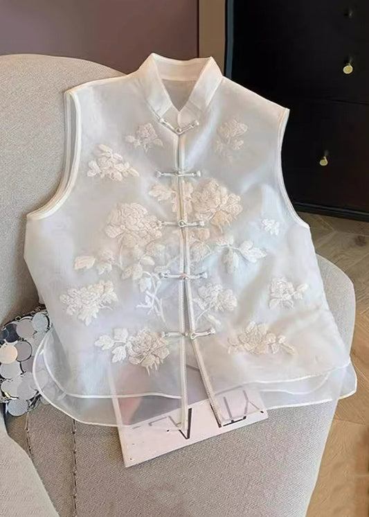 Chinese Style White Embroidered Button Tulle Waistcoat Sleeveless Jh022