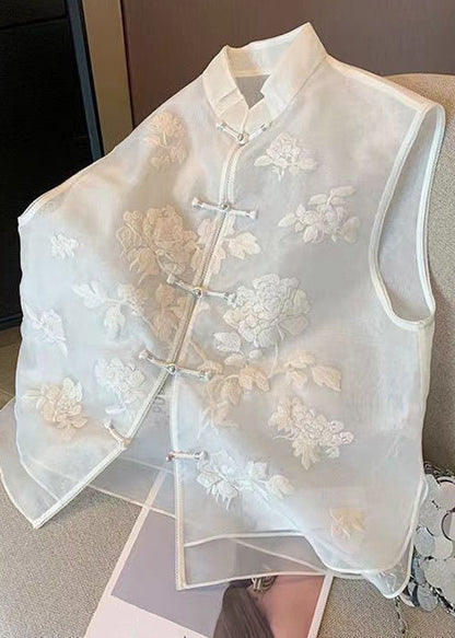 Chinese Style White Embroidered Button Tulle Waistcoat Sleeveless Jh022