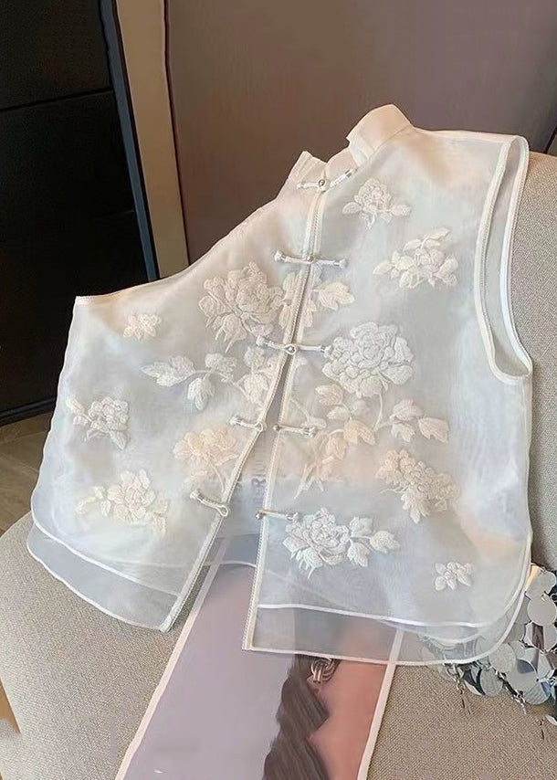 Chinese Style White Embroidered Button Tulle Waistcoat Sleeveless Jh022